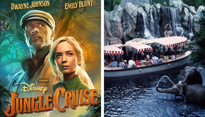 Jungle Cruise uma atração num barco a vapor passeando por uma floresta tropical muito selvagem.